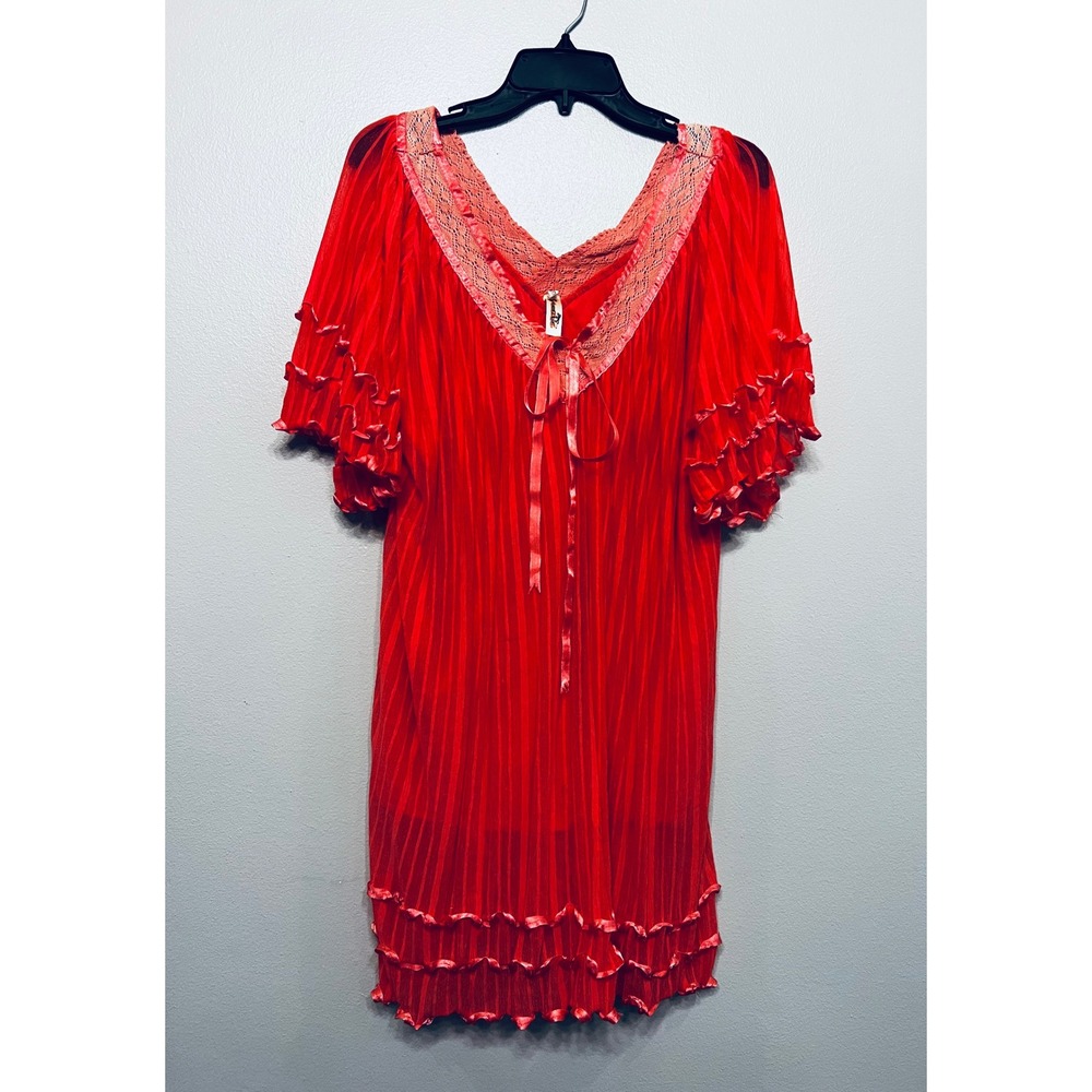Shoreline Red Pleated Lace Trim Ruffle Babydoll Dress Tunic One Size Fits Most